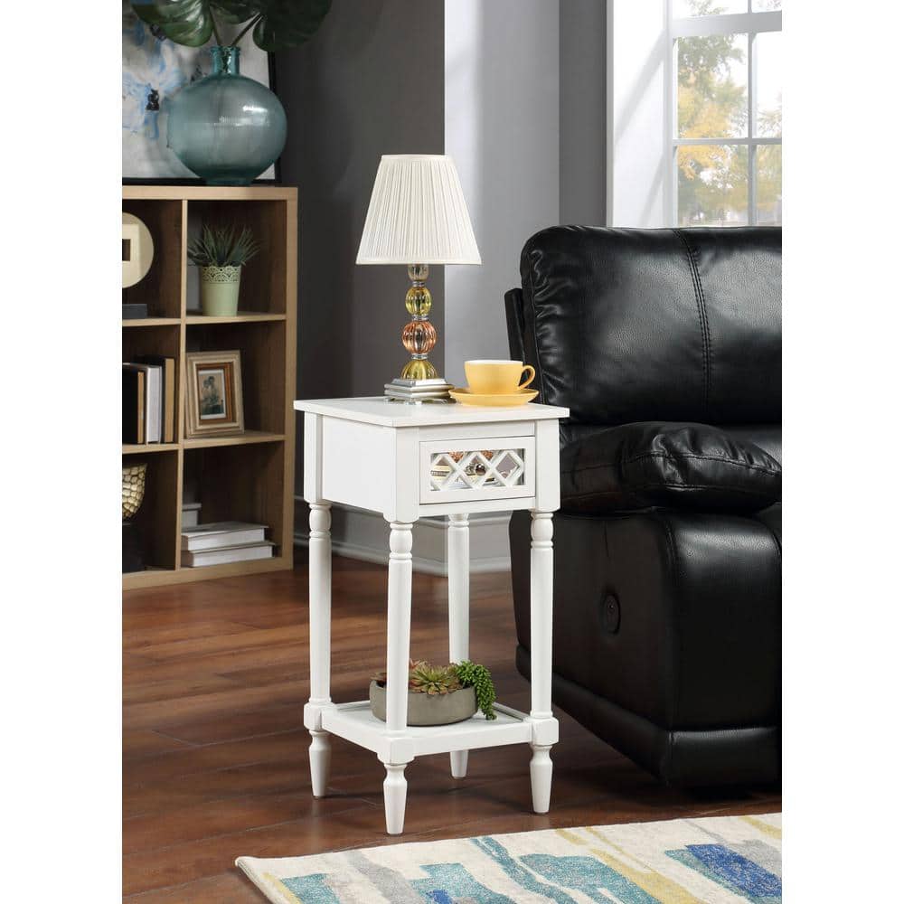 White Pinewood Square Accent Table with Mirrored Drawer