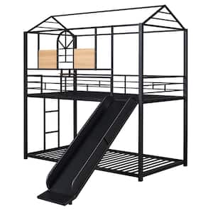 Twin Metal Bunk Bed, Metal House bed with Slide Black with Black Slide