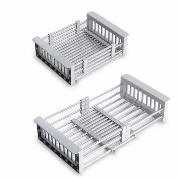 Gray Adjustable Immersion Sink Design with Stainless Steel Drain Basket, Portable & Retractable Space Dish Rack