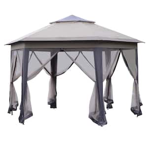12 ft. Steel Fabric Hexagonal Pop Up Patio Gazebo with Breathable Mesh Sidewalls and Steel Supporting Frame, Coffee