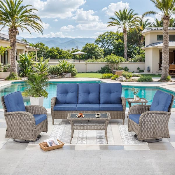 moosprr Flatarmrest 5-Piece Gray Wicker Patio Conversation Set with Olefin Blue Cushions Couch/Patio Swivel Chairs