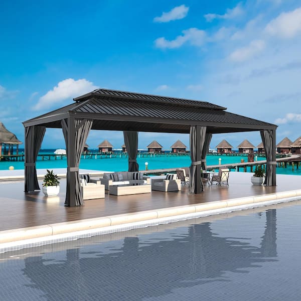 VEIKOUS 24 ft. W x 14 ft. L Aluminum Double Hardtop Gazebo with Curtains and Netting