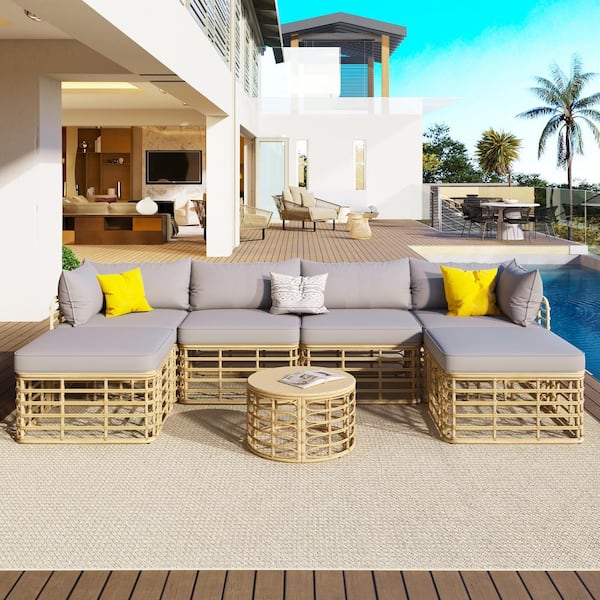 Unbranded 7 Pieces Natural PE Rattan Wicker Outdoor Sectional Sofa Set with Gray Thick Cushions and Pillows for Garden, Backyard
