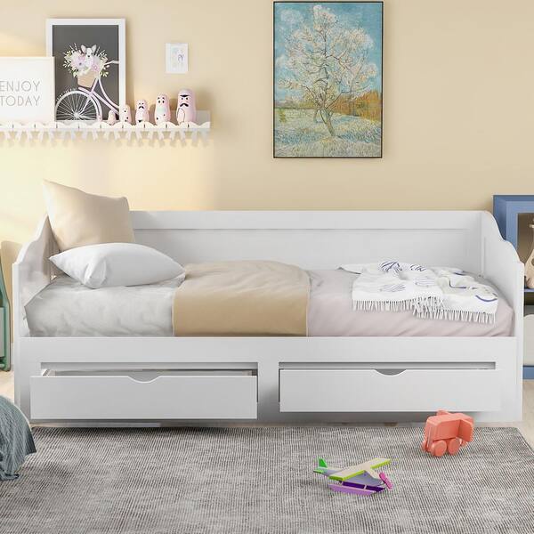 ANBAZAR White Twin to King Daybed with Storage Drawers, Wood Extendable Daybed with Trundle, Kids Sofa Bed Frame