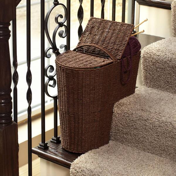 Household Essentials Rich Brown Stained Paper Rope Stair Step Basket with Round Front and Lid