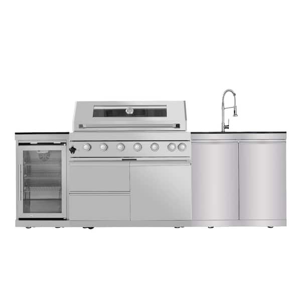 Biscayne Bay 43 in. 6-Burner 85,000 BTU Stainless Steel Outdoor Kitchen BBQ Grill Island, Wine Refrigerator, Rotisserie, in Sliver