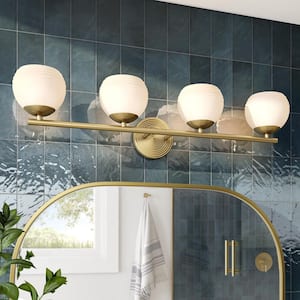 Moon Breeze 32.5 in. 4-Light Brushed Gold Modern Glam Vanity with Etched Opal Glass Shades