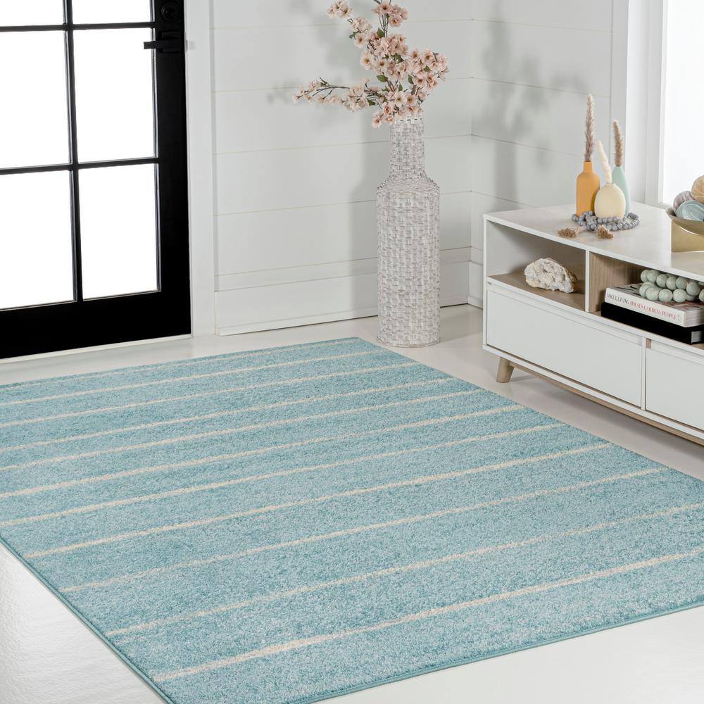 Turquoise and Cream Synthetic Stripe 3' x 5' Area Rug
