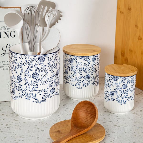 Ceramic Kitchen Canisters Set of 3 with Airtight Wood Lids, Blue Countertop Containers for Flour, Sugar, Coffee, Tea