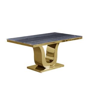 Ada 78 in. Dark Gray Marble Top with Gold Stainless Steel Pedestal Base Dining Table Seating 8