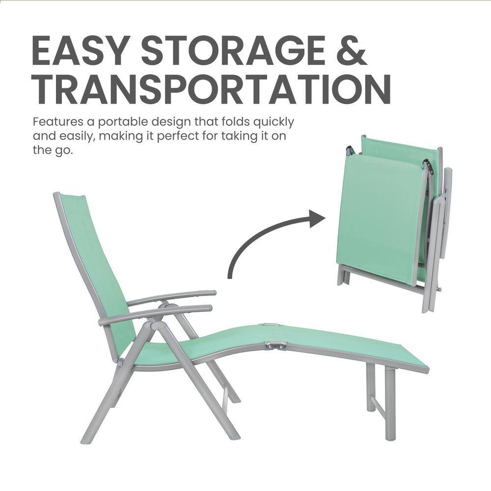 Green Aluminum Outdoor Folding Chaise Lounge and Table Set