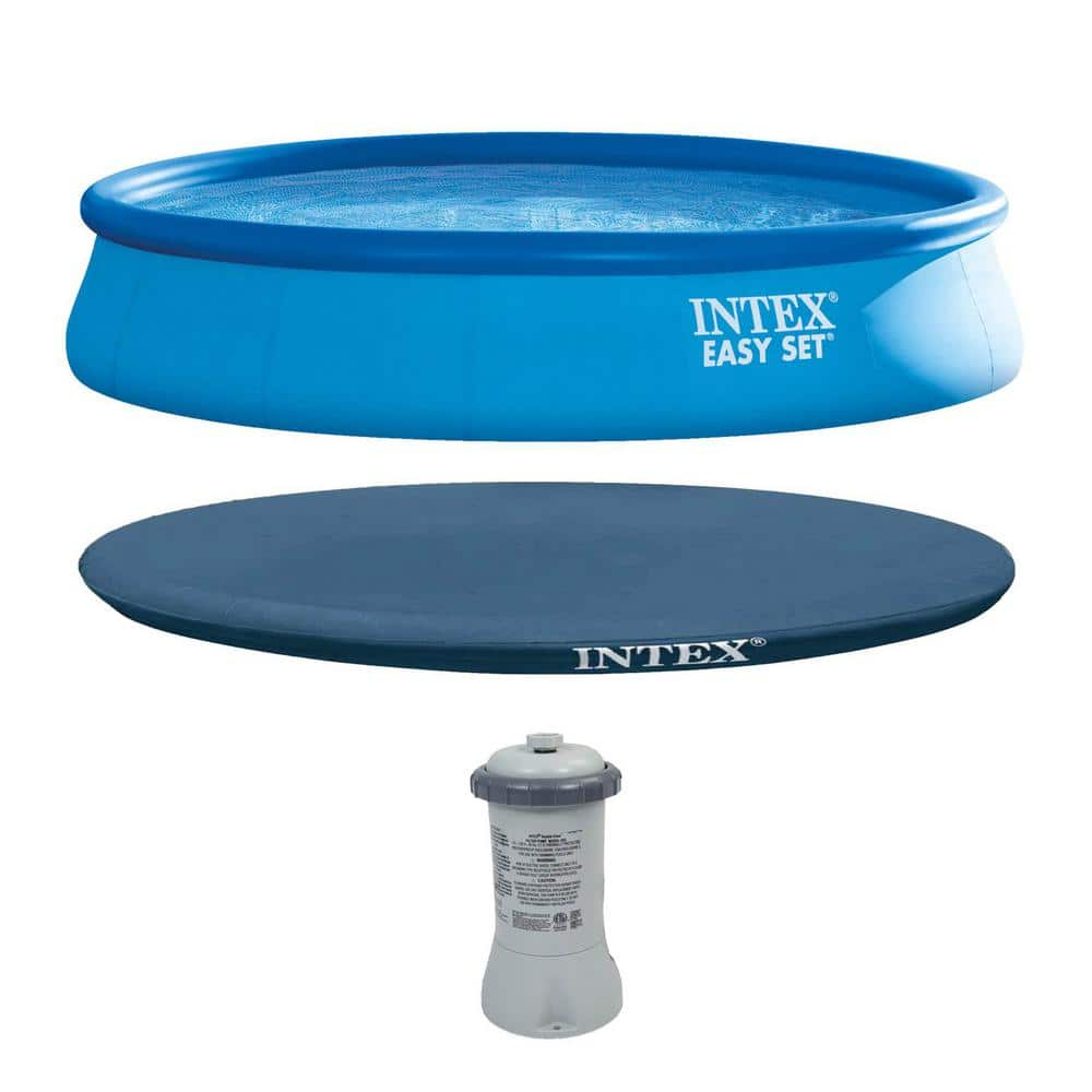 Intex 15 ft. x 33 in. Round Easy Set Above Ground Swimming Pool, Filter Pump and Cover Tarp