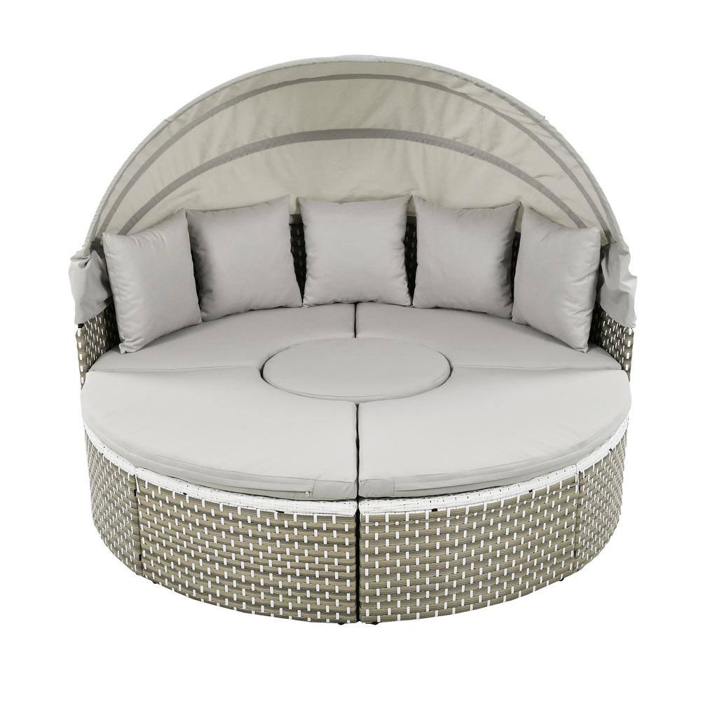 Metal Outdoor Round Sectional Sofa Set Rattan Daybed Two-Tone Weave Sunbed 