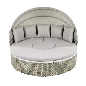 Metal Outdoor Round Sectional Sofa Set Rattan Daybed Two-Tone Weave Sunbed with Canopy and Gray Cushions