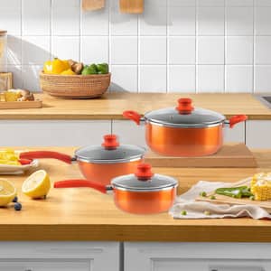 6-Piece Orange Aluminum Stainless Steel Standing Pot Rack with Induction Base and G-Shape Tempered Glass Lid