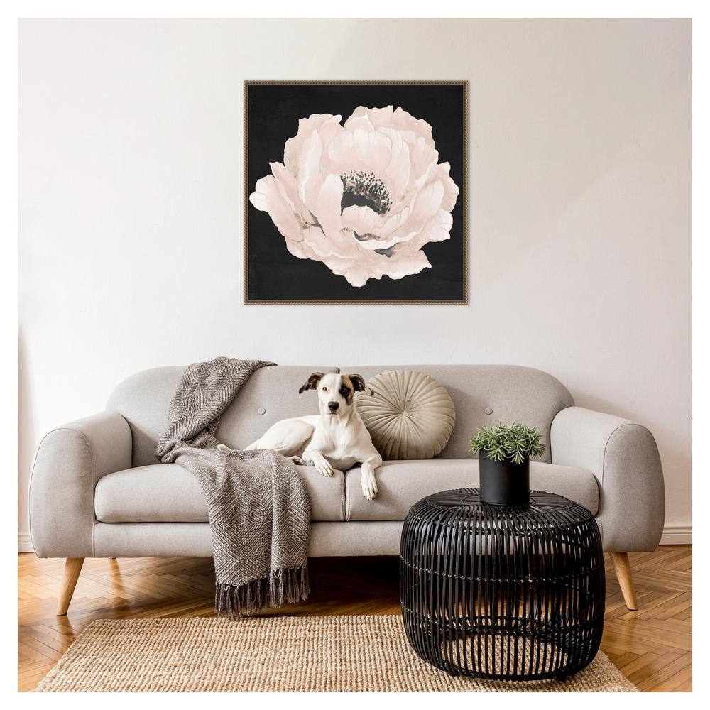 Pink Flower on Black Canvas with Bronze Beaded Frame
