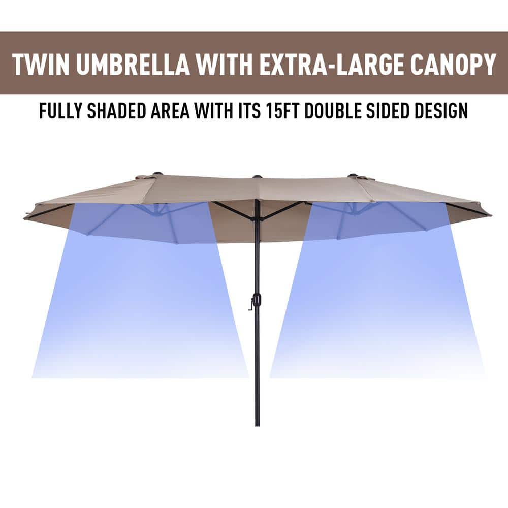 Tan Extra Large Double-Sided Outdoor Patio Umbrella with Crank Handle