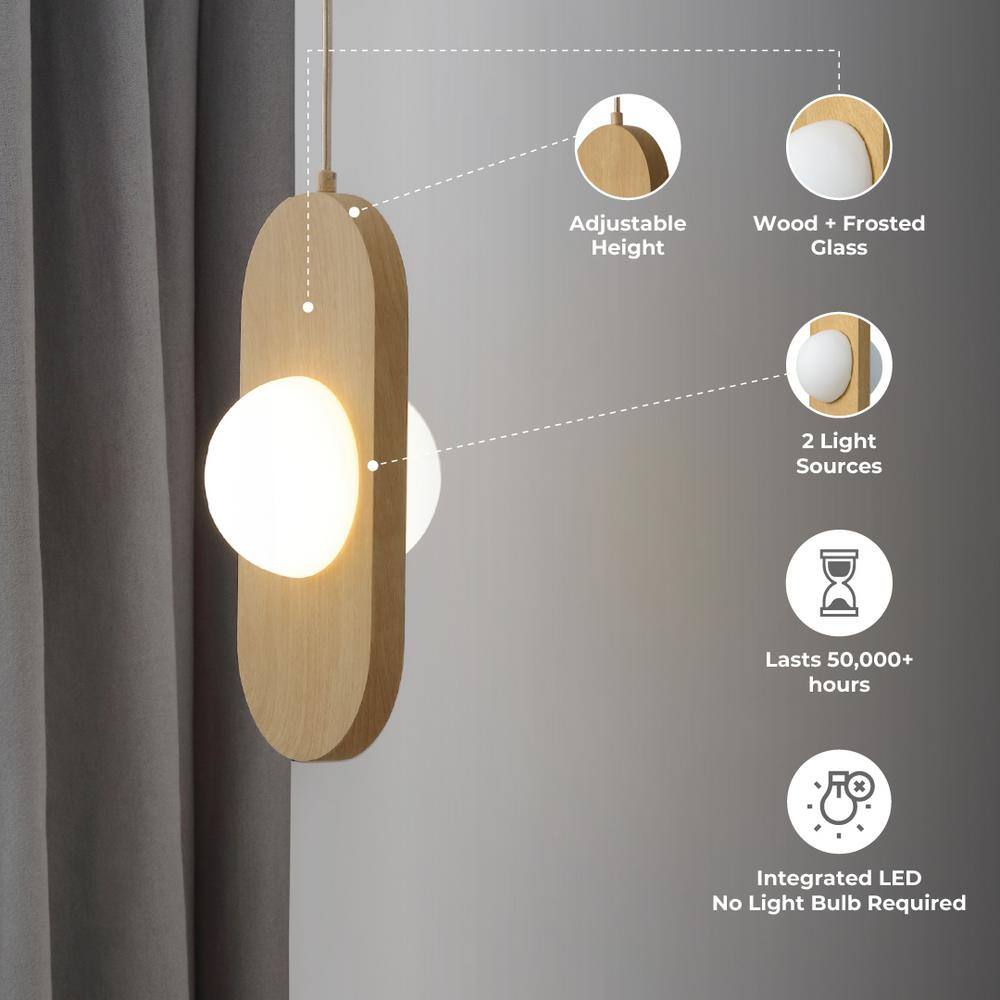 Natural Wood and Frosted Glass LED Pendant Light, 14" x 6"