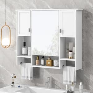 35 in. W x 28 in. H Modern White Rectangular Wall Medicine Cabinet with Mirror and Towels Bar