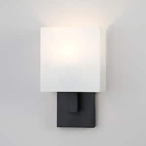 Celina 7 in. 1-Light Black Wall Sconce Light With White Fabric Shade
