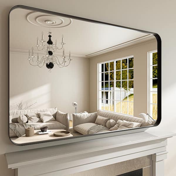 60 in. W x 40 in. H Rectangular Aluminum Framed Modern Black Rounded Wall Mirror