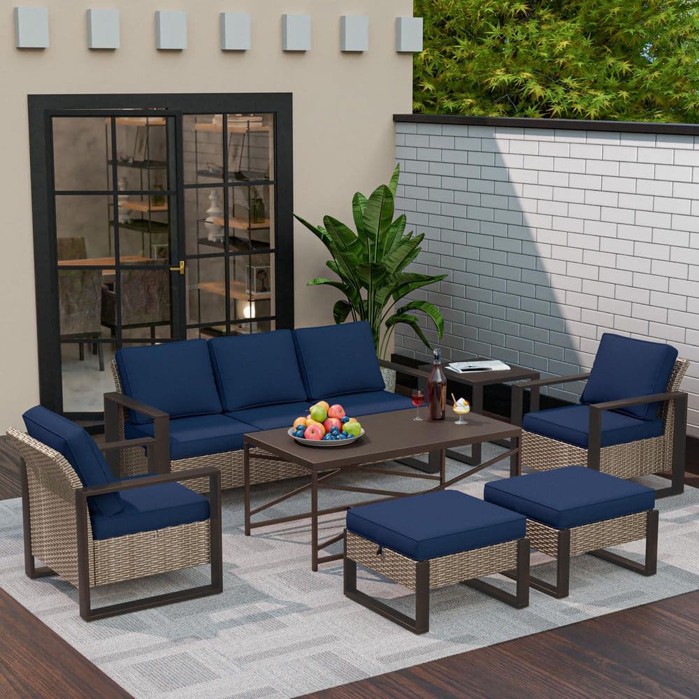 7-Piece Wicker Outdoor Patio Conversation Sofa Set with Blue Cushions, Ottomans and Side Table price history on PriceWatchPro