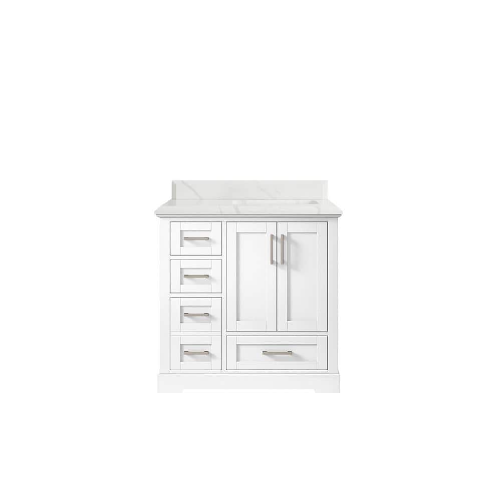 "Boston 36 in. W x 22 in. D x 36 in. H Right Offset Sink Bath Vanity in White with 1.5"" Calacatta Quartz Top" price history on PriceWatchPro