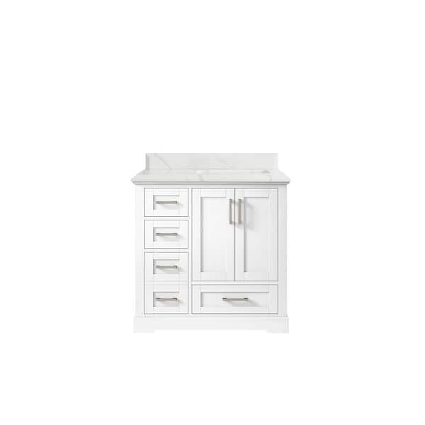 Willow Collections Boston 36 in. W x 22 in. D x 36 in. H Right Offset Sink Bath Vanity in White with 1.5" Calacatta Quartz Top