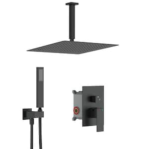 AIM 1-Spray 16 in. Square Ceiling Mount Rainfall Shower Head and Fashion Hand Shower in Matte Black (Valve Included)