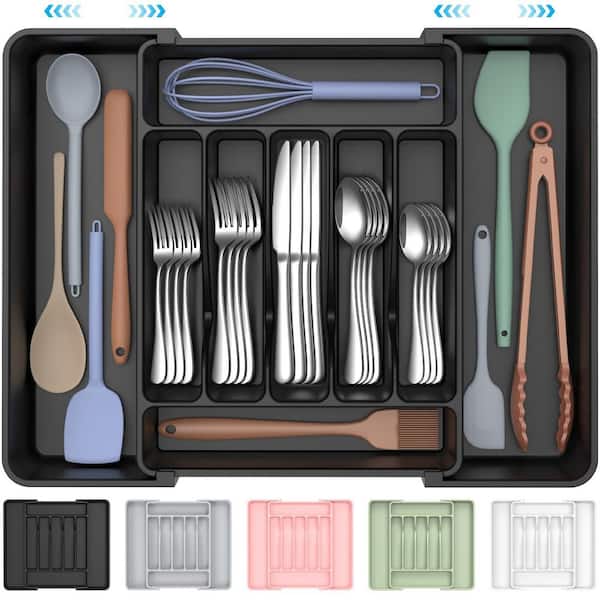 Expandable Black Silverware Organizer BPA-Free Plastic Adjustable Utensil Drawer Holder for Cutlery Kitchen