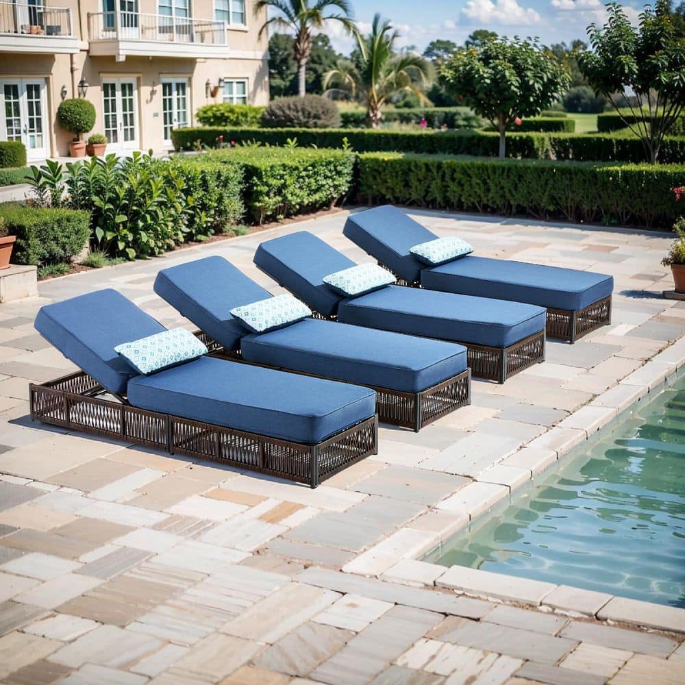 Facent Brown 4-Piece Wicker Outdoor Chaise Lounge Patio Adjustable Back Day Bed Recliner with 5 in. Thick Blue Cushions price history on PriceWatchPro