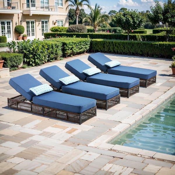 Facent Brown 4-Piece Wicker Outdoor Chaise Lounge Patio Adjustable Back Day Bed Recliner with 5 in. Thick Blue Cushions