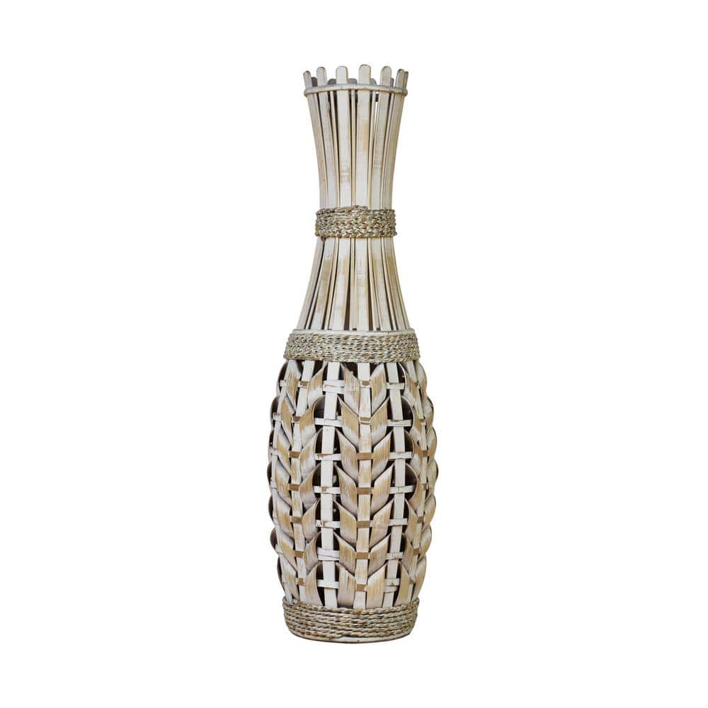 Ceramic Rustic Vase for Home Decor in Rattan Finish Brown and White Decorative F