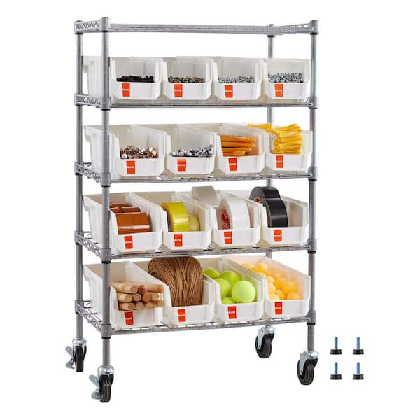 5-Tier Rolling Bin Storage Rack, 16 Organizer Bins, Bin Rack Storage Steel Wire Shelving System with Wheels for Garage