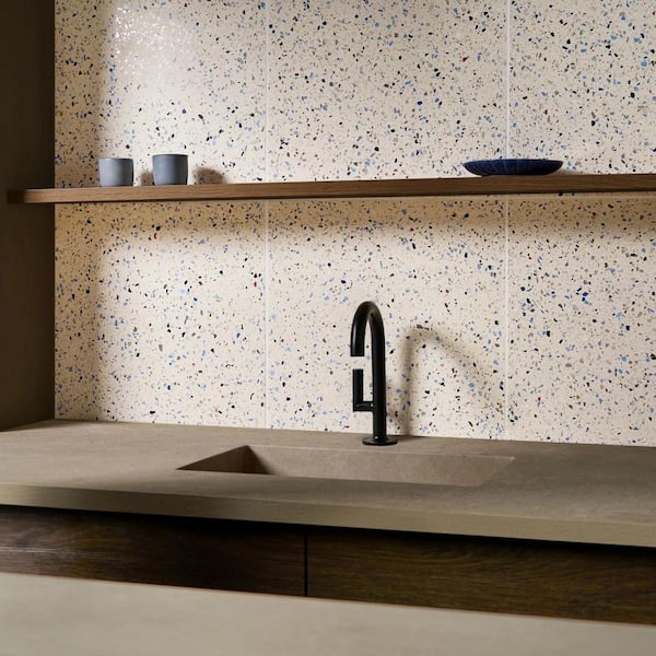 Raleigh Glass Creme Nautical Blue 4 in. x 0.71 in. Polished Terrazzo Floor and Wall Tile Sample