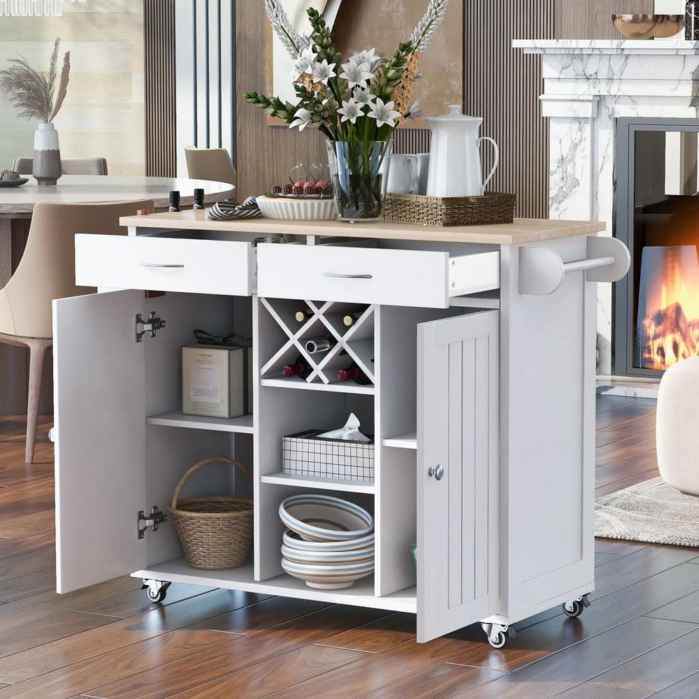 ANTFURN White Kitchen Island Cart with 2Storage Wine Rack 2