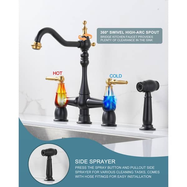 Quaint Double Handle Vintage Bridge Kitchen Faucet-Side Spray in Gold and Black