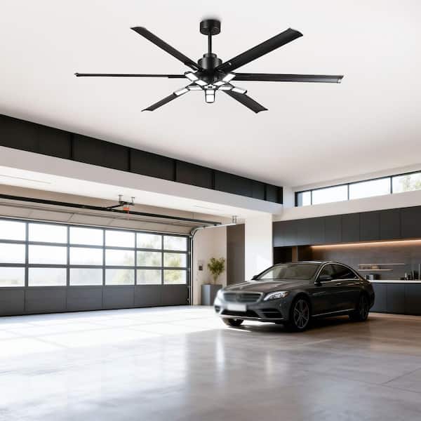 84 in. Matte Black Downrod Mount Standard LED Garage Ceiling Fan with Lights, Aluminum Blades and Remote Control