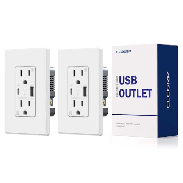 ELEGRP 21W USB Wall Outlet with Type A and Type C USB Ports, 15 Amp Tamper Resistant, with Screwless Wall Plate,White (2 Pack)