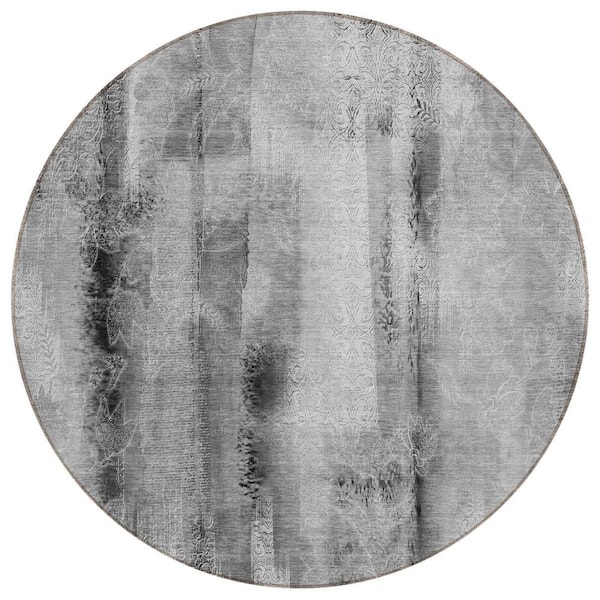 Gray 8 ft. Round Woven Border Polyester Round Indoor/Outdoor Area Rug