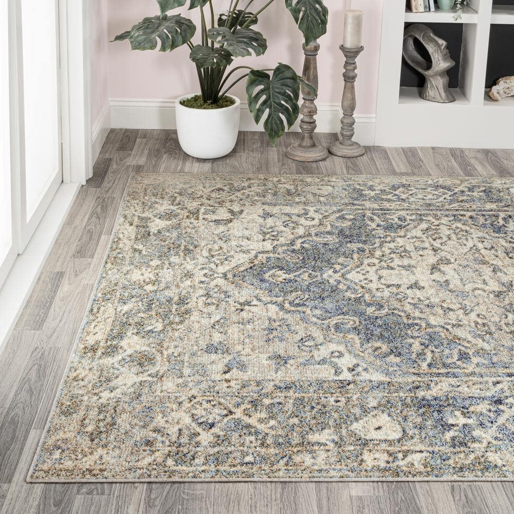 Pavel Blue and Cream 4' x 6' Washable Medallion Rug