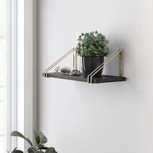 24 in. x 8 in. x 6 in. Dark Stainless Solid Pine Wood Decorative Wall Shelf with Satin Gold Wire Frame Steel Brackets