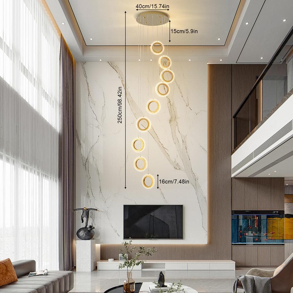 Gold Acrylic and Aluminum 9-Ring Adjustable Height Chandelier