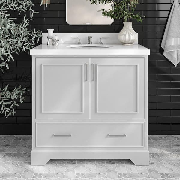 ARIEL Stafford 37 in. W x 22 in. D x 36 in. H Single Sink Freestanding Bath Vanity in Grey with Pure White Quartz Top