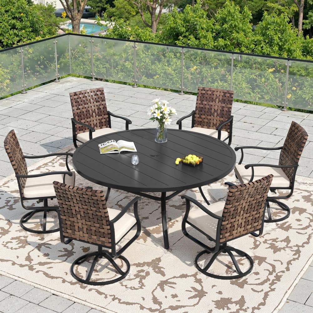 7-Piece Metal Outdoor Patio Dining Set with 6 Swivel Wicker Chairs, Beige Cushions and 50 in. Black Round Table price history on PriceWatchPro