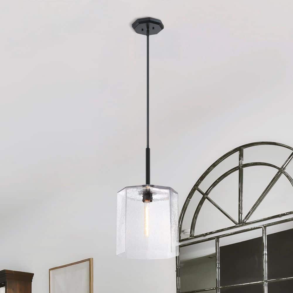 Haven 60 Watt 1-Light Matte Black Geometric Pendant Light with Clear Rippled Glass Shade price history on PriceWatchPro