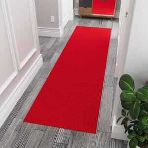 Ribbed Waterproof Non-Slip Rubber Back Solid Runner Rug 2 ft. W x 16 ft. L Red Polyester Garage Flooring