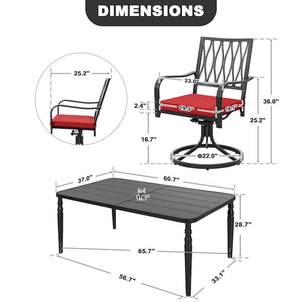 Black 7-Piece Metal Rectangle Outdoor Dining Set with Red Zippered Cushions and Umbrella Hole