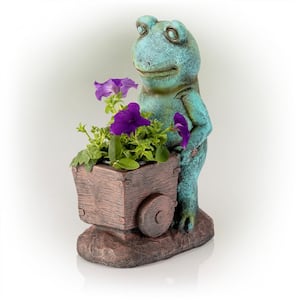 15 in. Tall Indoor/Outdoor Frog Pushing Wagon Planter Statue Decoration, Green