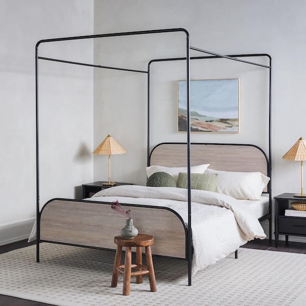 Industrial Gray Metal Frame Queen Canopy Bed with Wood Headboard and Footboard
